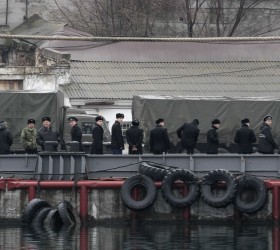 Russian sailors stand in line at a navy base in the Ukrainian Black Sea port of Sevastopol