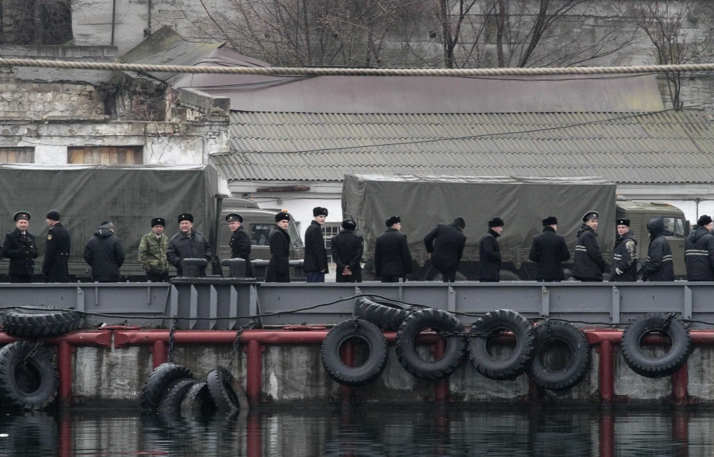 Russian sailors stand in line at a navy base in the Ukrainian Black Sea port of Sevastopol