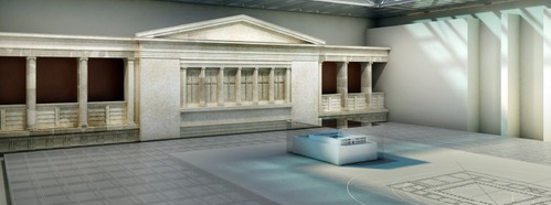 Ψηφιακη αναπαρασταση του Ανακτορου των Αγιων, οπως θα παρουσιαζεται στο μεγαλο αιθριο του κεντρικου κτιριου του Πολυκεντρικου Μουσείου