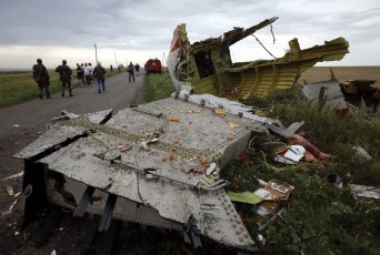 People stand near part of the wreckage of a Malaysia Airlines Boeing 777 plane after it crashed near the settlement of Grabovo in the Donetsk region